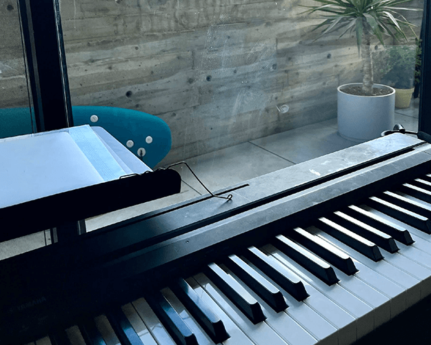 Sophie’s practice nook in her Tel Aviv apartment, overlooking the city skyline. Not too shabby!