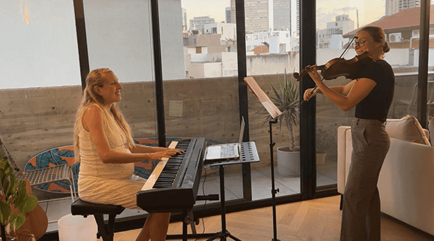 Sophie rehearses a program of fantastic music by female composers with violinist Eva Fabian.