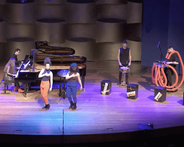 Orit Wolf performs at the Tel Aviv Art Museum with multi-instrumentalist Doron Raphaeli and the innovative percussion/movement ensemble Tararam.