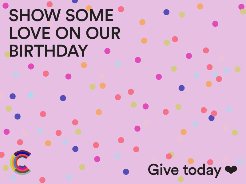 A desktop pop-up banner featuring confetti, celebrating All Classical's 2025 Birthday Fundraiser