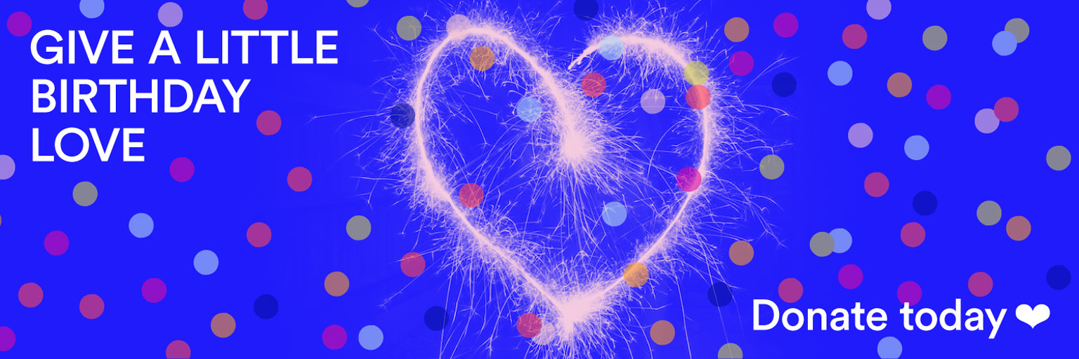 Desktop web banner featuring a heart against a blue background with confetti, celebrating All Classical's 2025 Birthday Fundraiser