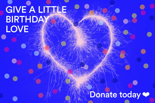 Desktop web banner featuring a heart against a blue background with confetti, celebrating All Classical's 2025 Birthday Fundraiser