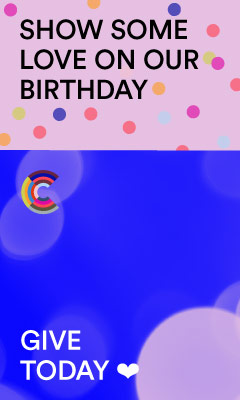A desktop pop-up banner featuring confetti, celebrating All Classical's 2025 Birthday Fundraiser