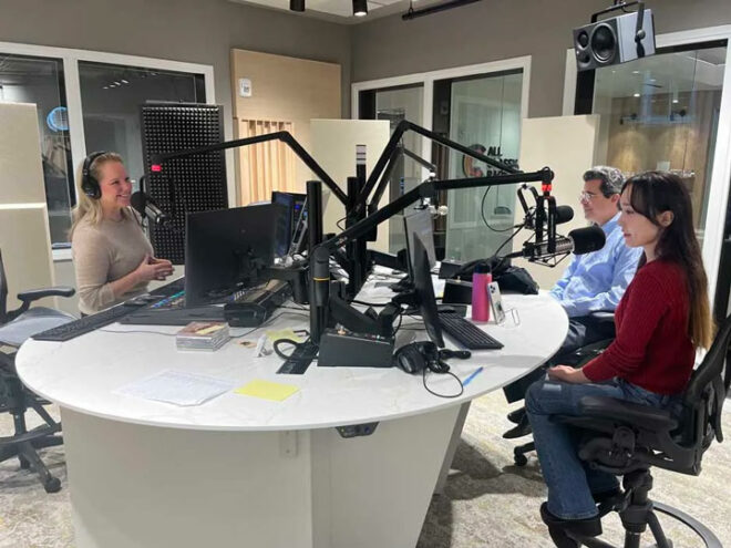 Featured image: All Classical Radio's Brandi Parisi (left) interviews Portland Youth Philharmonic's David Hattner and PYP soloist/alumna Hanami Froom.