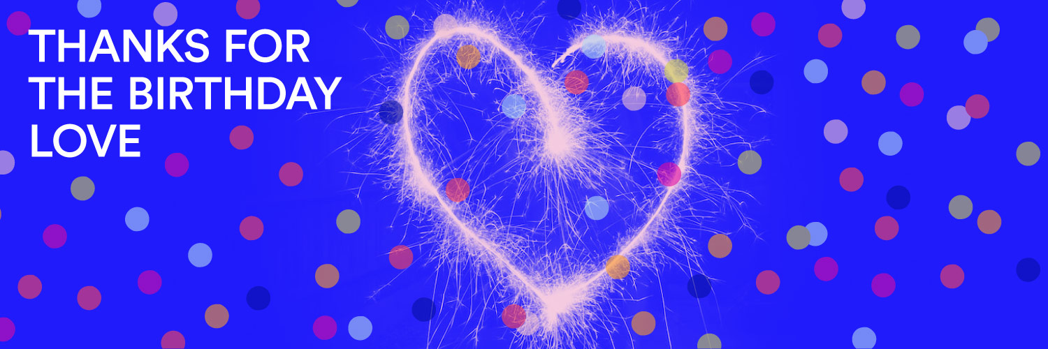 Desktop web banner featuring a heart against a blue background with confetti, celebrating All Classical's 2025 Birthday Fundraiser