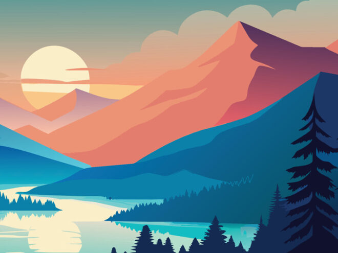 Featured image for All Classical Radio's 2025 Music Heals campaign, featuring a scenic view of mounts, tree, and a river