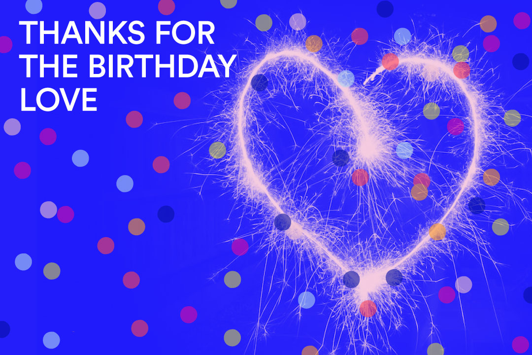 Mobile web banner featuring a heart against a blue background with confetti, celebrating All Classical's 2025 Birthday Fundraiser