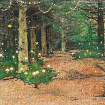 Painting of decorated christmas trees in a forest