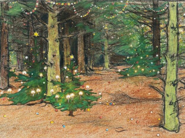 Painting of decorated christmas trees in a forest
