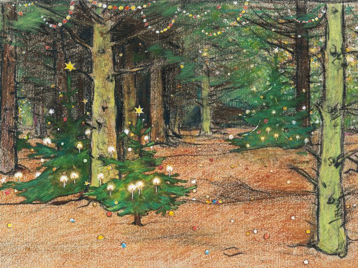 Painting of decorated christmas trees in a forest