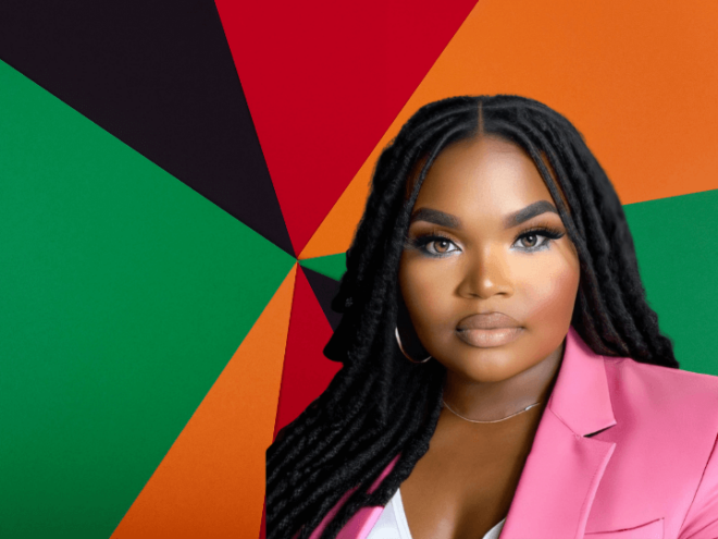 photo of Jasmine Barnes against a black, red, orange, and green background