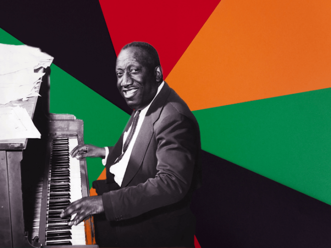 photo of James P. Johnson against a black, red, orange, and green background