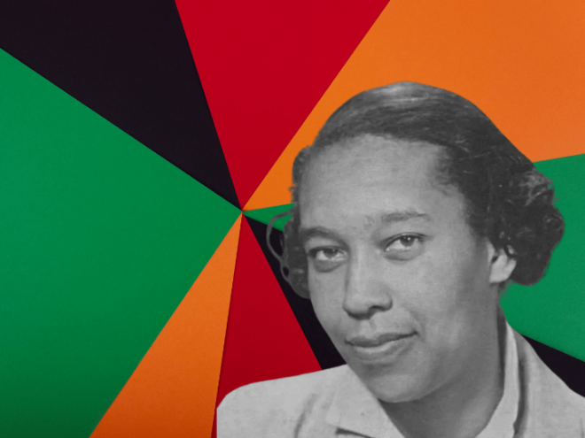 photo of Julia Perry against a black, red, orange, and green background