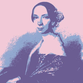 Pink and blue illustration of Emilie Mayer portrait