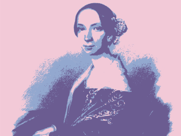 Pink and blue illustration of Emilie Mayer portrait