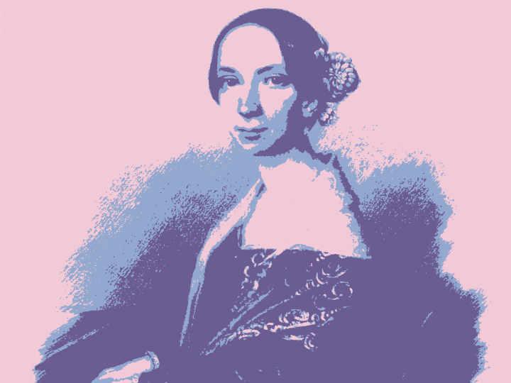 Pink and blue illustration of Emilie Mayer portrait