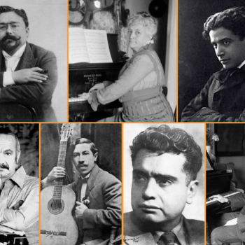 Collage of black and white photos of composers
