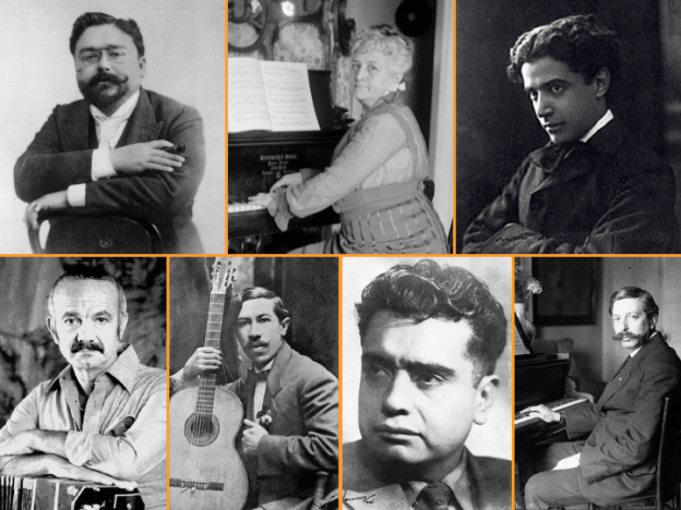 Collage of black and white photos of composers