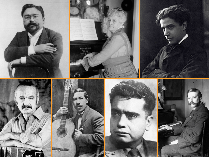 Collage of black and white photos of composers
