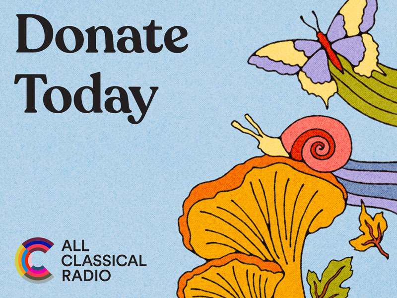 Desktop pop-up image for All Classical Radio's 2026 Music Connects campaign, featuring a scenic view of leaves, butterflies, frogs, and mushrooms