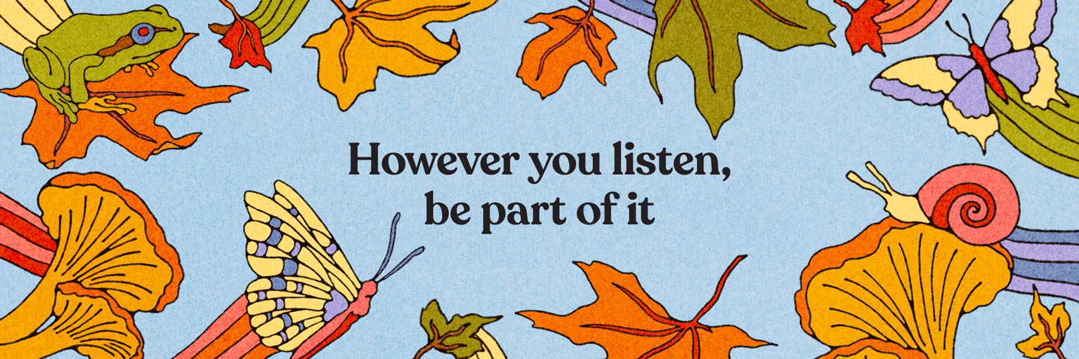 Desktop banner for All Classical Radio's 2026 Music Connects campaign, featuring a scenic view of leaves, butterflies, frogs, and mushrooms