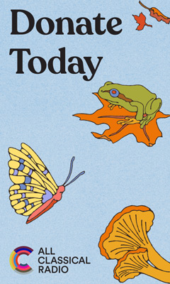 Desktop pop-up image for All Classical Radio's 2026 Music Connects campaign, featuring a scenic view of leaves, butterflies, frogs, and mushrooms